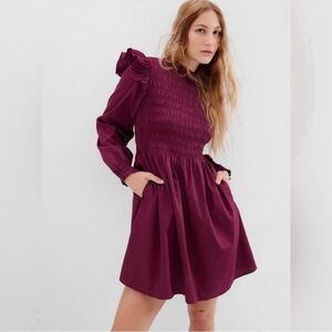 🌺 NWT! GAP Huckleberry Purple Smocked Ruffle Sleeve Mini Dress - Size Medium